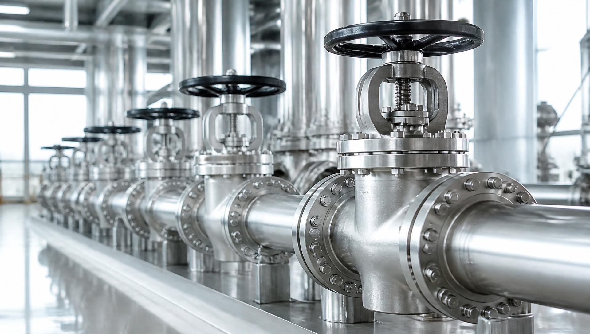 Row of stainless steel industrial valves and pipework in a clean processing facility