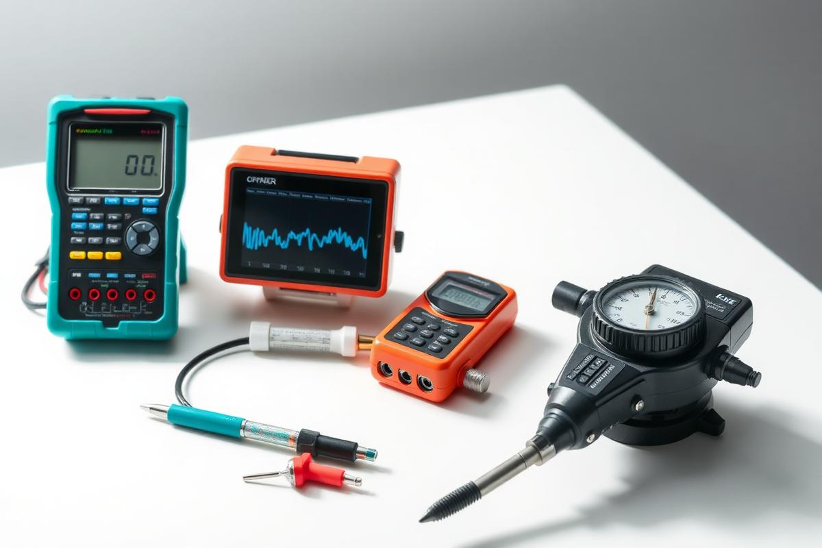 Digital testing and measuring instruments arranged on a clean surface